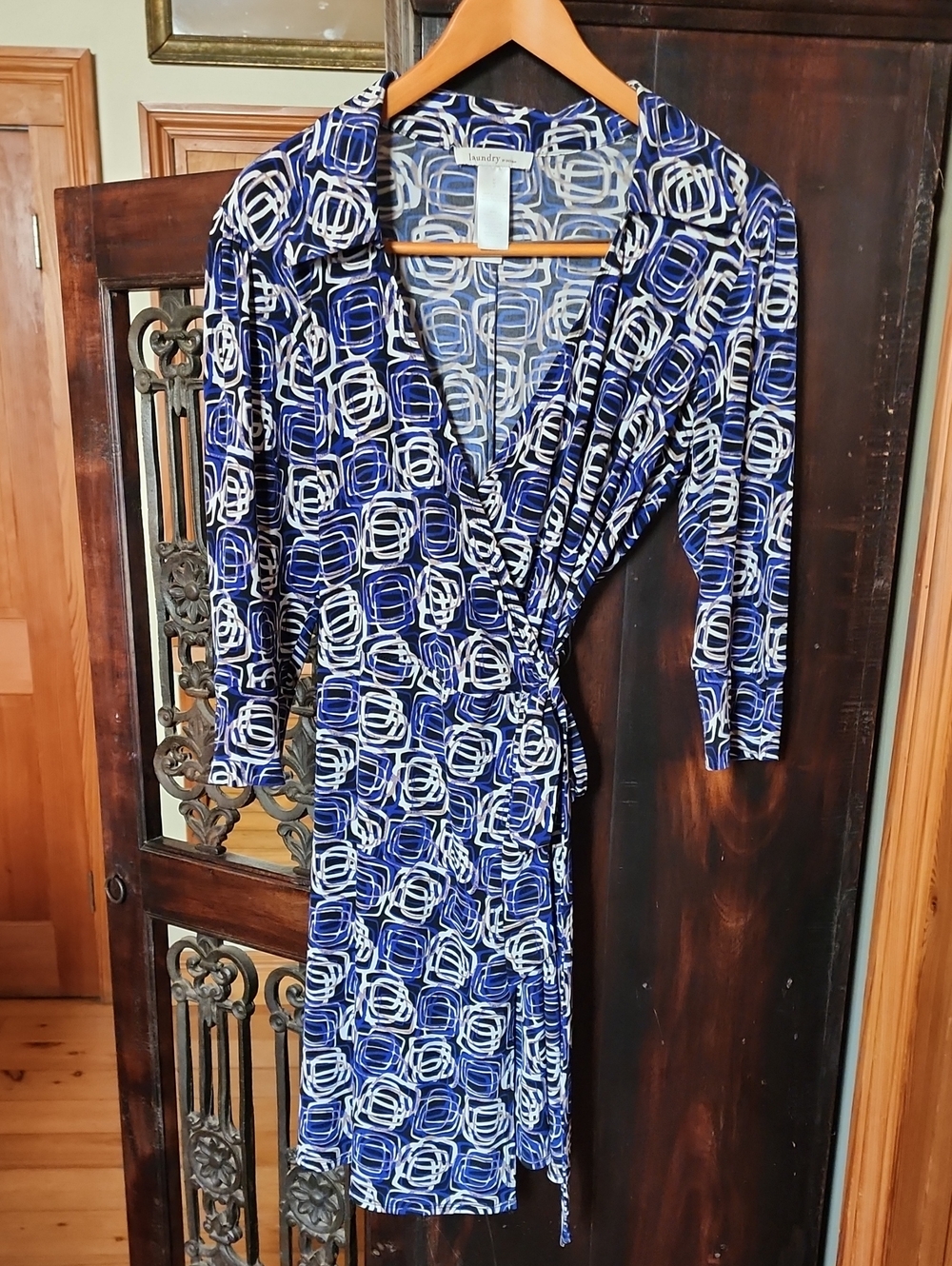 Laundry by Design Blue and White Geometric Wrap Midi Dress with Tie Waist
